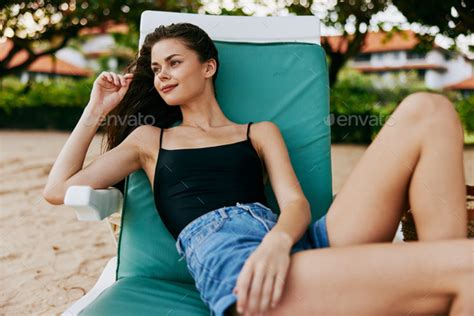 Beach Woman Sunbed Sea Lying Sand Ocean Resort Lifestyle Smiling