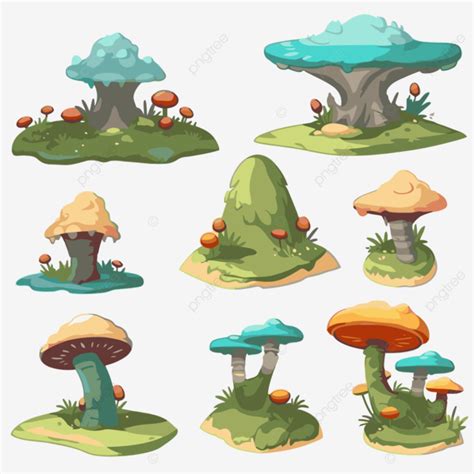 Turning Clipart Mushrooms And Islands Set Cartoon Vector Cartoon