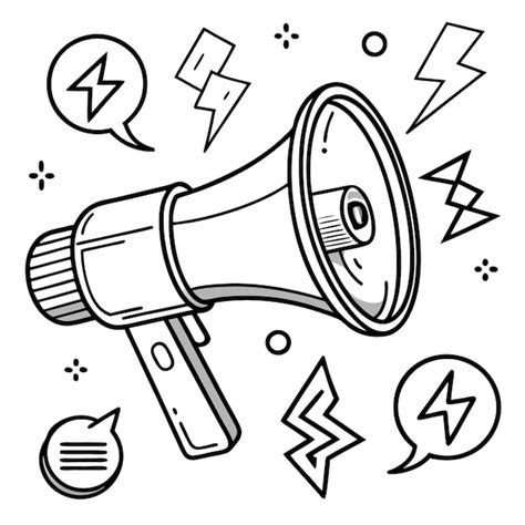 Black And White Illustration Of A Megaphone With Speech Bubbles And