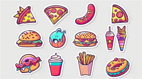 Premium Photo Retro Psychedelic Fast Food Stickers Set Isolated On