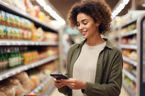 Premium Photo A Woman Is Shopping In A Grocery Store With A Tablet In