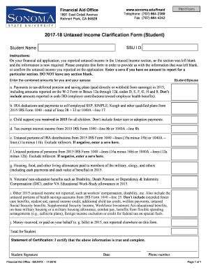 Fillable Online Sonoma Untaxed Income Clarification Form Student