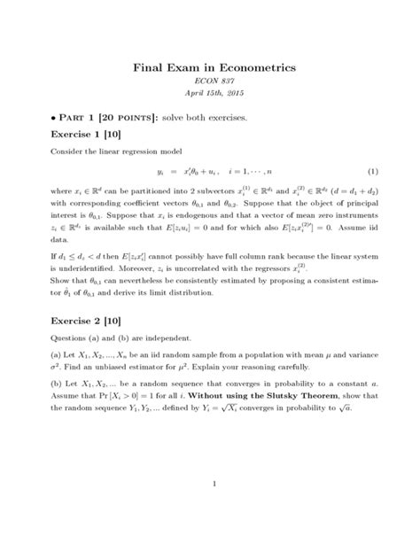 Final Exam In Econometrics Exercise 1 10