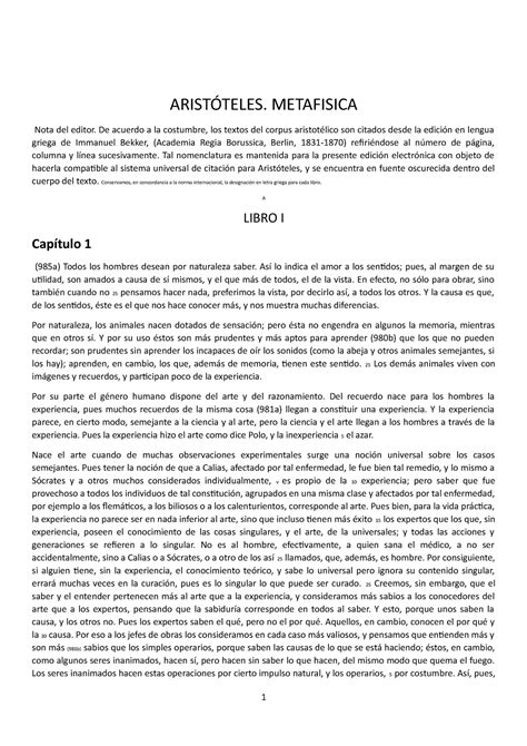 Texto De La Metafisica Arist Teles Libro Y Arist Teles