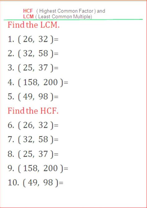 Lcm And Hcf Worksheet Mathematics Worksheets Math Fractions