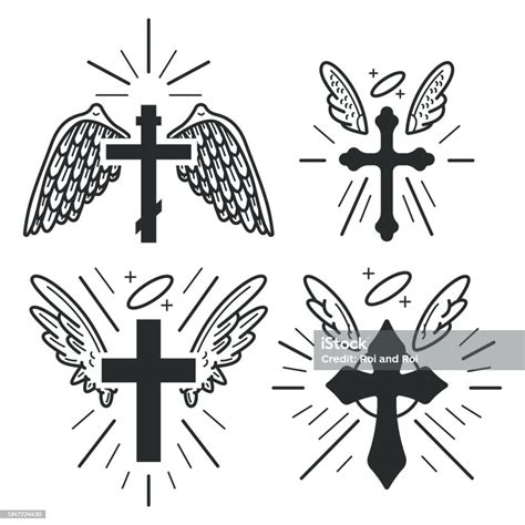 Christian Cross With Angel Wings And Halo Vector Black Silhouettes Set