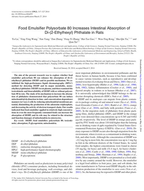 Pdf Food Emulsifier Polysorbate 80 Increases Intestinal Absorption Of Di 2 Ethylhexyl