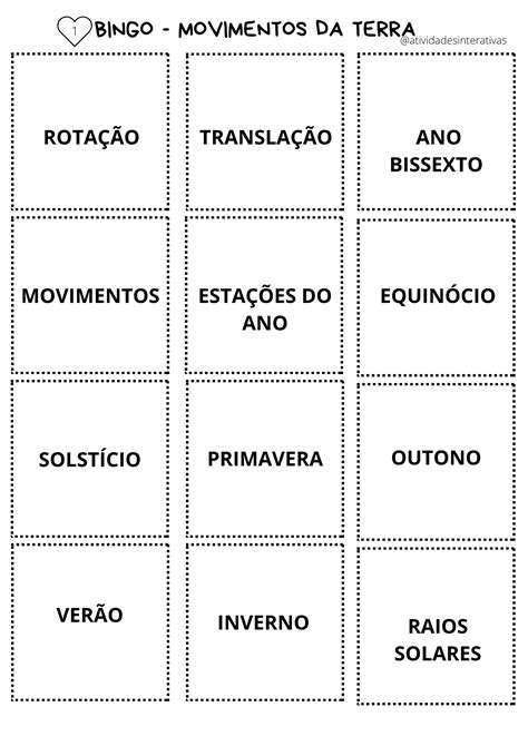 JOGO DE GEOGRAFIA E CIÊNCIAS BINGO DOS MOVIMENTOS DA TERRA