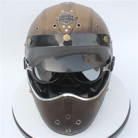 Vintage PU Leather Motorcycle Helmet Full Face w/Goggles Cruiser ...