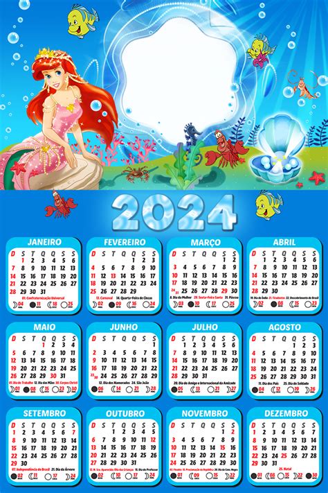 Calendário Ariel Sereia 2024 Moldura Png Digital Grátis