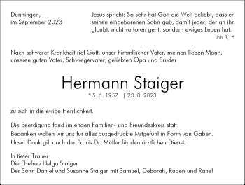 Traueranzeigen von Hermann Staiger Schwarzwälder Bote Trauer