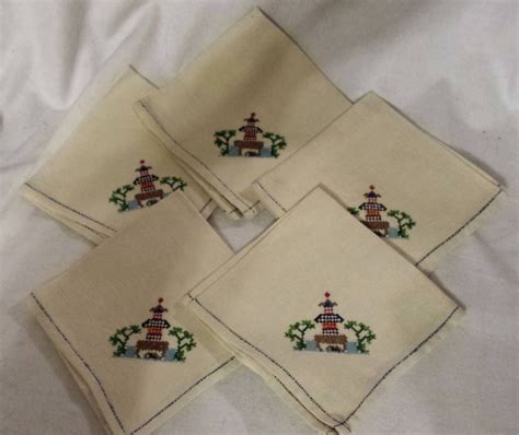 Vintage Hand Embroidered Square Linen Napkins Set Of 6 Linen Napkins