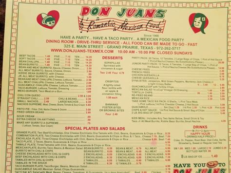 Menu At Don Juans Romantic Mexican Food Restaurant Grand Prairie