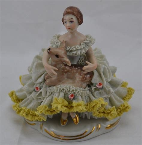 Dresden Lace Figurine Capodimonte Crown Girl With Deer Antique Price