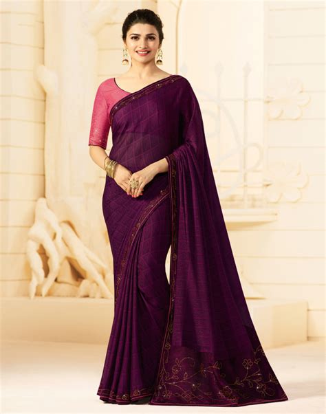 Purple Georgette Saree With Unstitched Blouse Trendy Sarees Party