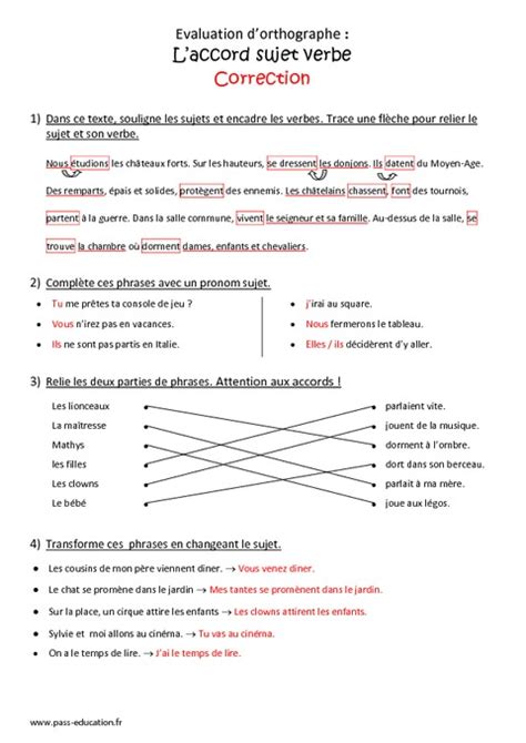 Accord sujet verbe Cm1 Bilan avec le corrigé Pass Education