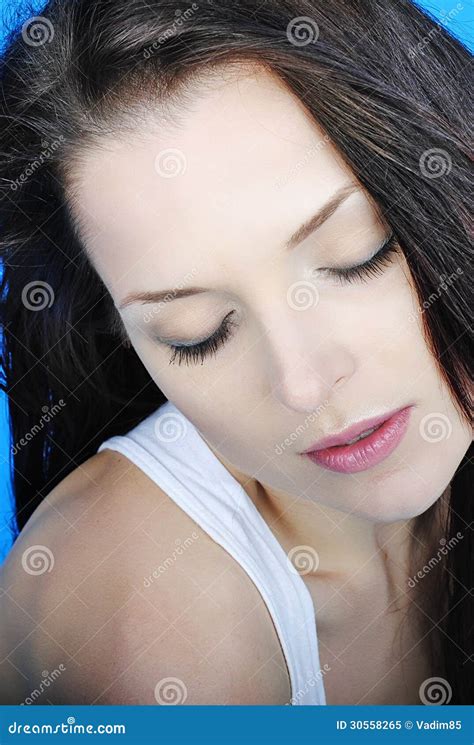 Beautiful Girl Brunette With Long Hair With Closed Eye Stock Image