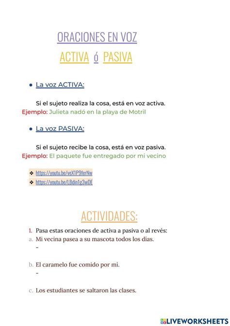 Lengua La Voz Activa Y Pasiva Worksheet Voz Activa Voz Pasiva