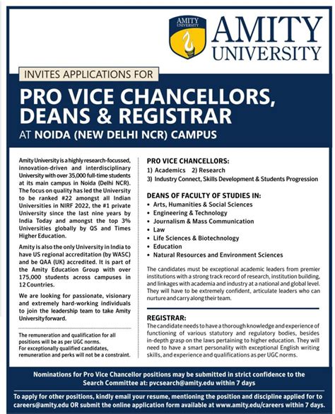 Amity University Noida Wanted Pro Vice Chancellorsdeansregistrar