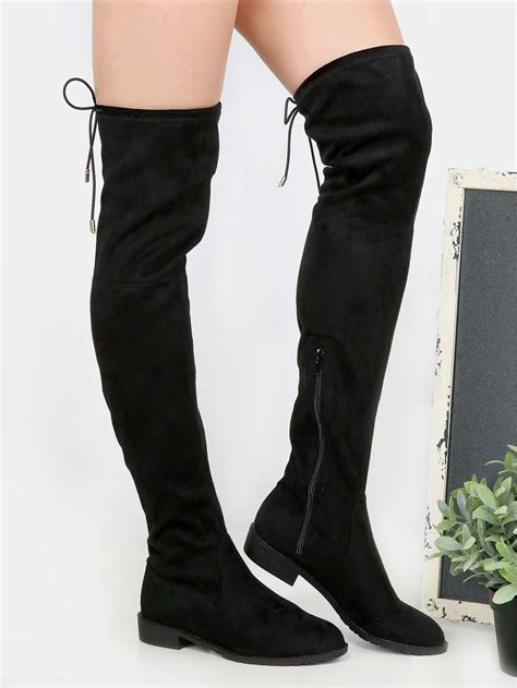 Flat Heel Thigh High Boots Black Sheinsheinside