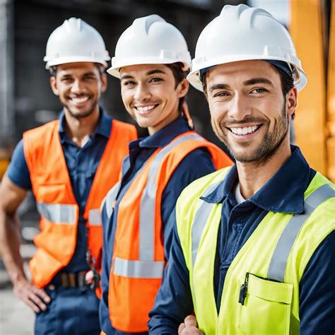 Un grupo de trabajadores de la construcción sonrientes con uniformes