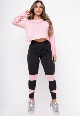 Conjunto Fitness Calça Legging E Cropped de Telinha Dry Manga Longa