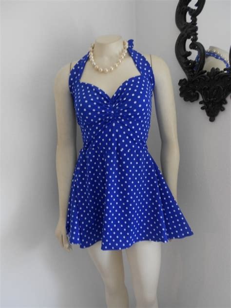 Blue And White Polka Dot Retro One Piece Swimdress Swimsuit