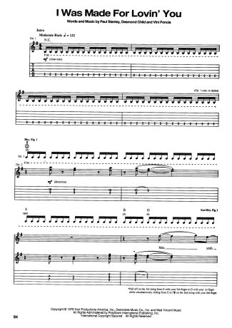 Kiss I Was Made For Loving You Sheet Music For Guitar