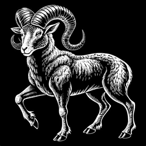 A Black And White Drawing Of A Ram With Horns Premium Ai Generated Vector