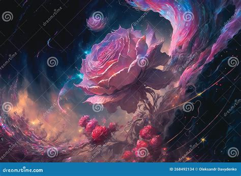 Roses Flowers On Galaxy Background Ethereal Dark Cosmic Scenery