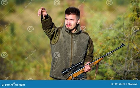 Hunter With Rifle Ready To Hunting Nature Background Hunting Skills