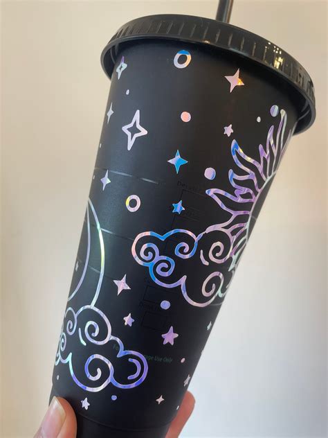 Holographic Sun And Moon Inspired Reusable Personalised Starbucks Cold