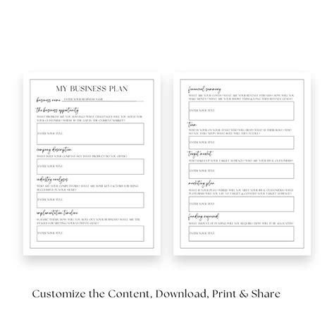 Editable One Page Business Plan Template Printable Small Business Summary Ready To Print