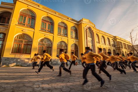 A lively low angle shot of a group of children running towards the