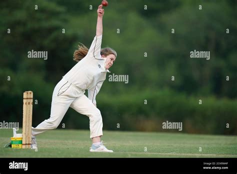 Female Cricket Player Bowling Dorset England Stock Photo Alamy