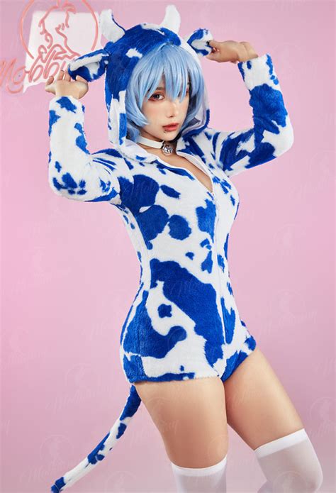Sexy Lingerie Bodysuit Plush Hooded Milk Print Romper And Thigh Socks With Tail And Choker
