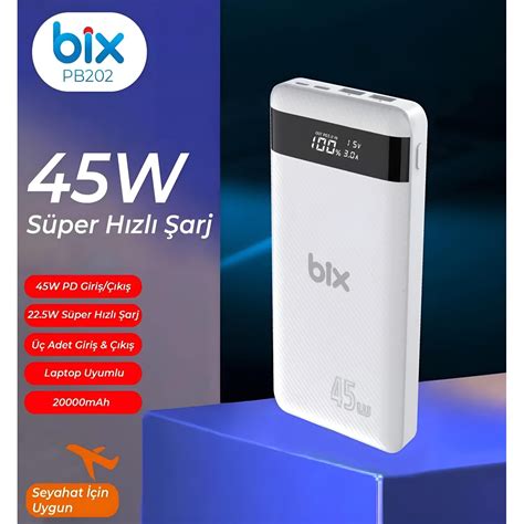 Bix 20000mah 45w 2 Usb Ve Type C Hızlı Şarj Destekli Led Göstergeli Powerbank Beyaz