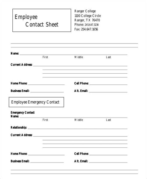 Employee Contact Sheet Template