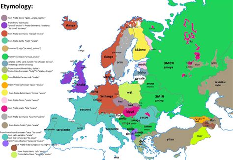 Etymology for the word "snake" in Europe [OC] [2400 x 1650] : etymologymaps