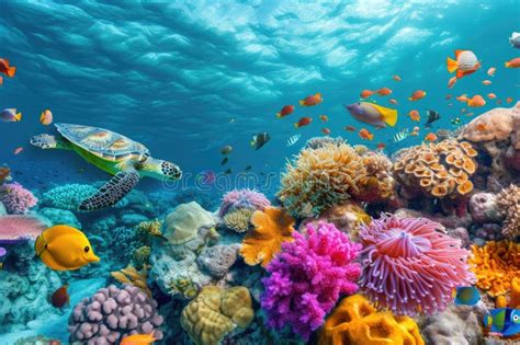 Sea Turtle Swimming In A Vibrant Coral Reef Resplendent Stock Photo