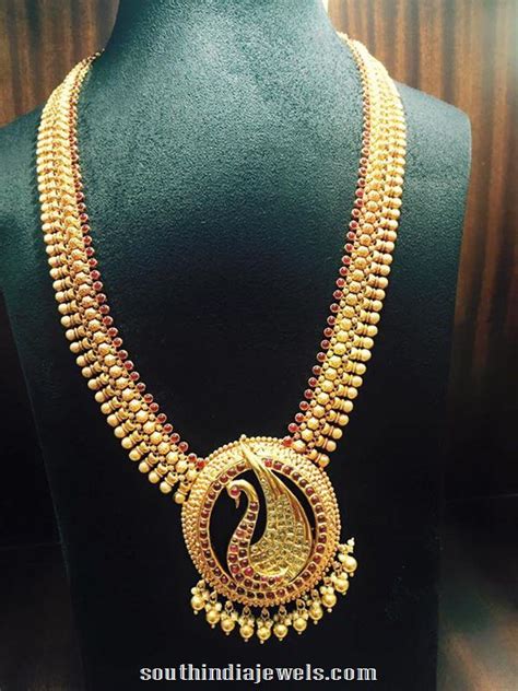 Gold Ruby Peacock Long Necklace Design South India Jewels