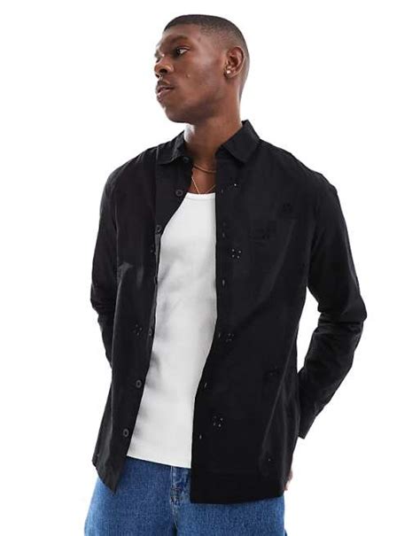 Asos Design Overshirt With Floral Embroidery In Black Asos