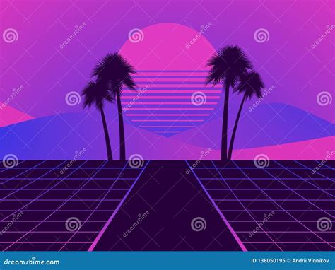 Retro Futuristic Landscape With Palm Trees Neon Sunset In The Style Of 80s Synthwave Retro