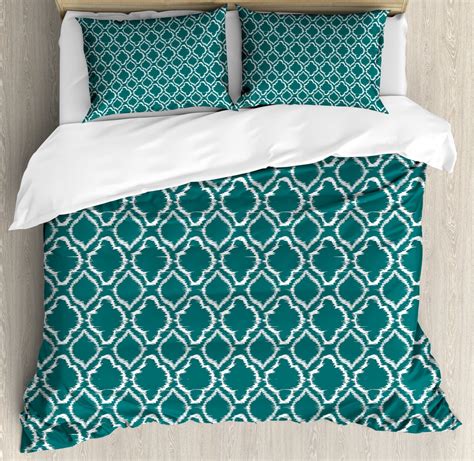 Teal Duvet Cover Set Traditional Ikat Style Pattern With Abstract