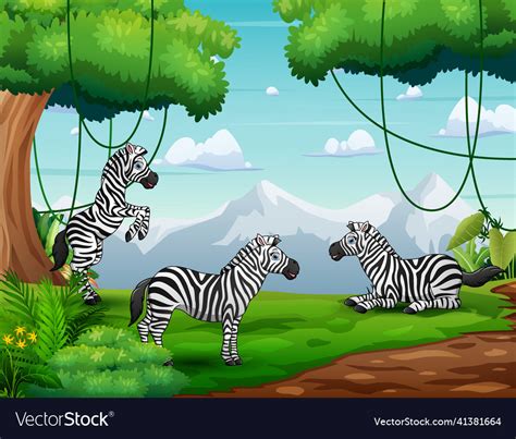 Cartoon Three Of Zebras Playing In Nature Vector Image