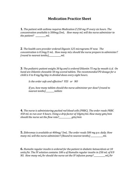 Medication Math Nursing Medication Practice Sheet 1 The Patient With