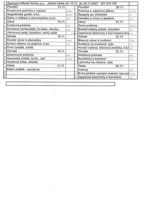 Jídelní lístek od 13 11 do 24 11 2023 Agrospol Mladá Vožice a s