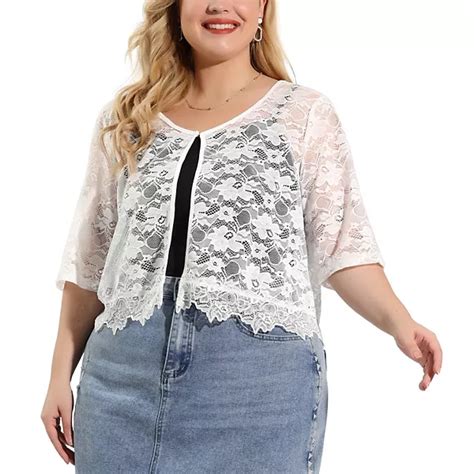 Womens Plus Size Sheer Floral Lace Open Front Shrug Cardigan