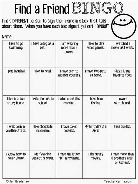 Find A Friend Bingo For Back To School First Day