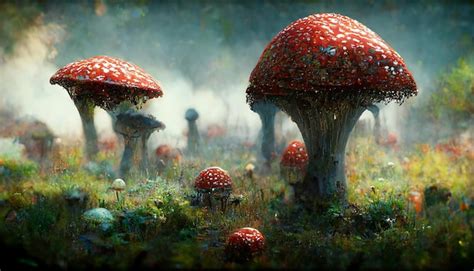 Fly Agaric Red Poisonous Psilocybin Mushrooms In The Forest Fantasy